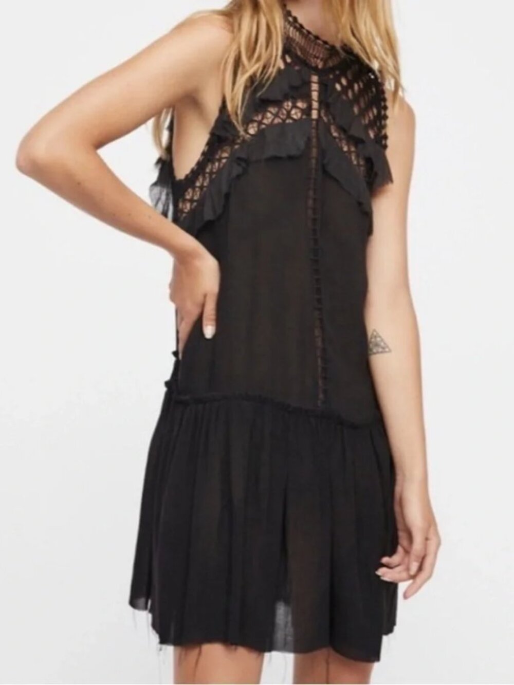 Free People One Ma Jolie Black Sleeveless Lace Neck Mini Dress - Woman's Size L